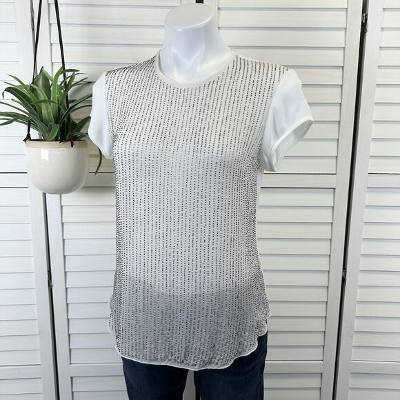 L'AGENCE Beaded Striped Silk Viscose Cream Blouse Top Short Cap Sleeves Size 2‎ - Picture 1 of 12
